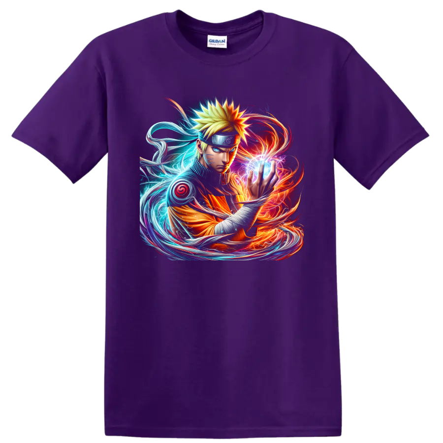Naruto Uzumaki forming a glowing Rasengan in fiery and blue anime energy art on a Purple T Shirt