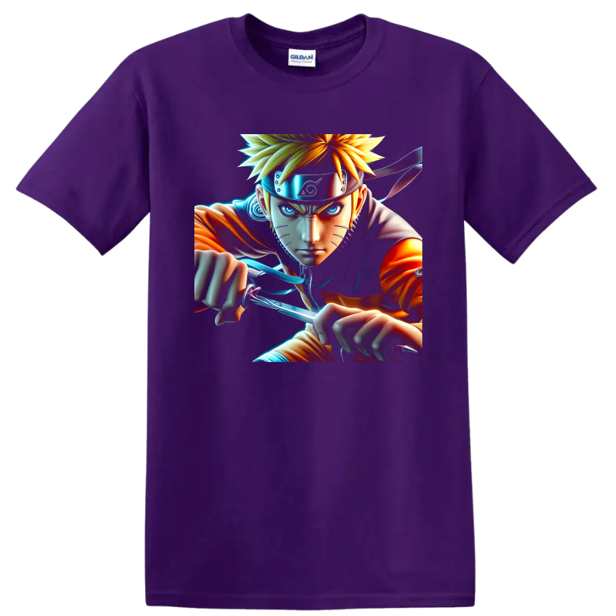 Naruto Uzumaki charging with a glowing Rasengan in vivid anime action art on a Purple T Shirt