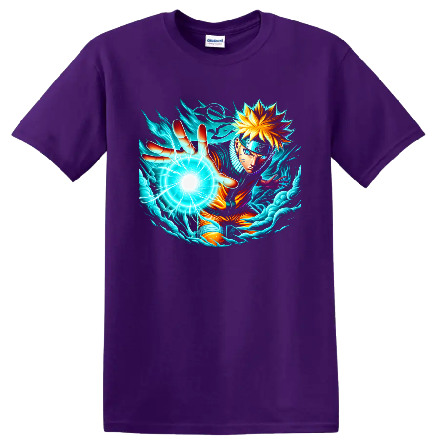 Naruto Uzumaki Sage Mode anime art reaching with a glowing energy orb and swirling waves on a Purple T Shirt