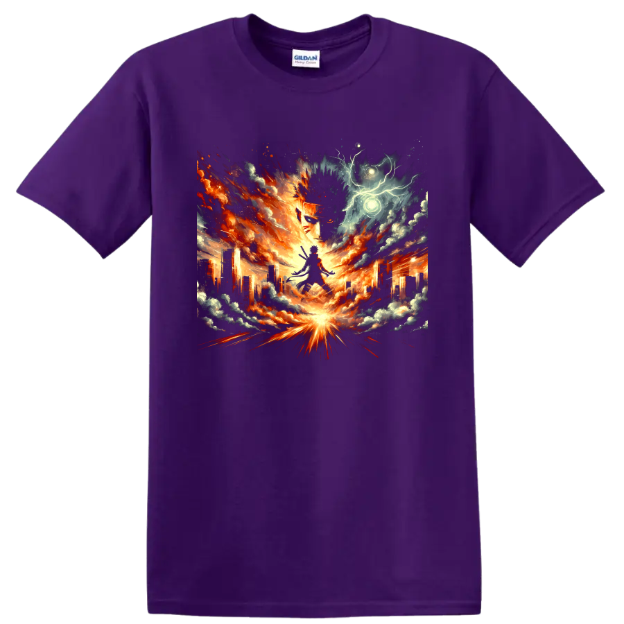 Naruto Uzumaki fiery city battle graphic with storm clouds and glowing energy on a Purple T Shirt