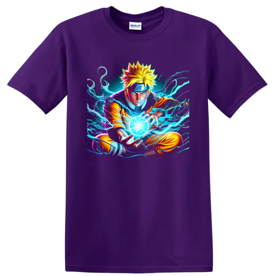 Naruto Uzumaki forming a glowing Rasengan in neon electric anime art on a Purple T Shirt