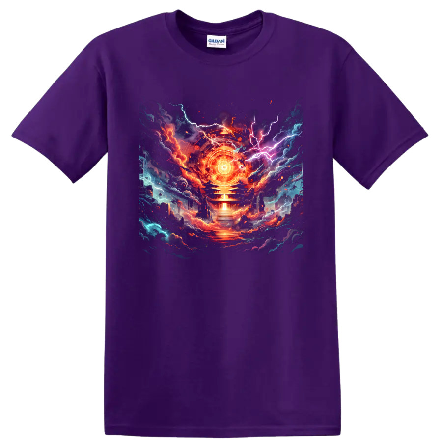 Cosmic temple graphic with radiant circular emblem, lightning, clouds, and embers on a Purple T Shirt