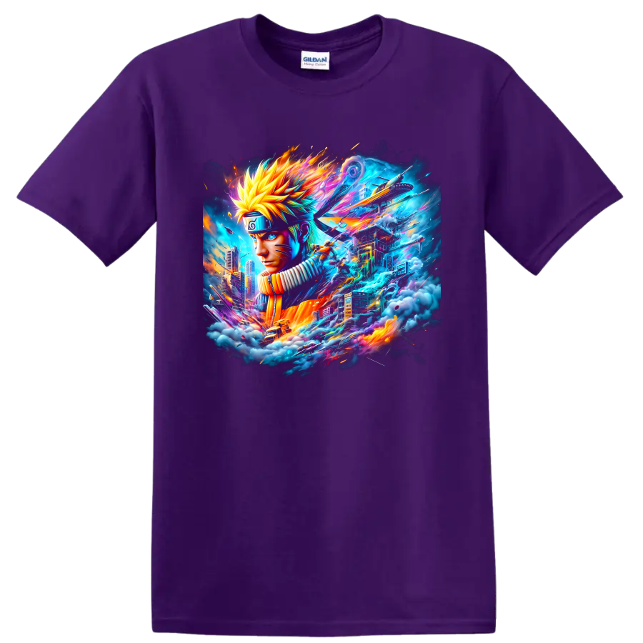 Naruto Uzumaki neon ninja portrait with futuristic cityscape and swirling energy on a Purple T Shirt