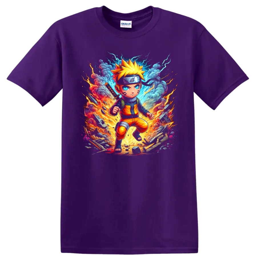 Naruto Uzumaki explosive anime ninja action graphic with lightning, fire, and debris on a Purple T Shirt