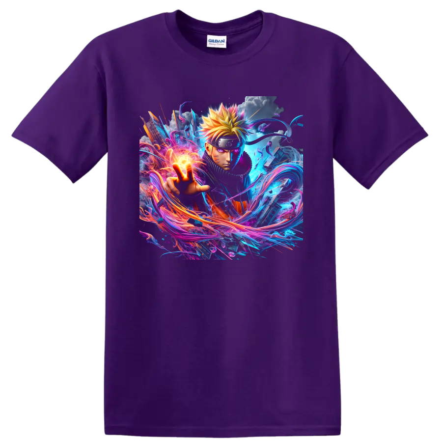 Naruto Uzumaki neon anime art with glowing energy orb and swirling effects on a Purple T Shirt