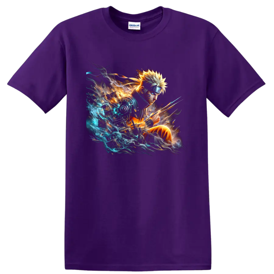 Naruto Uzumaki anime battle art with a kunai, fiery light, and blue energy on a Purple T Shirt