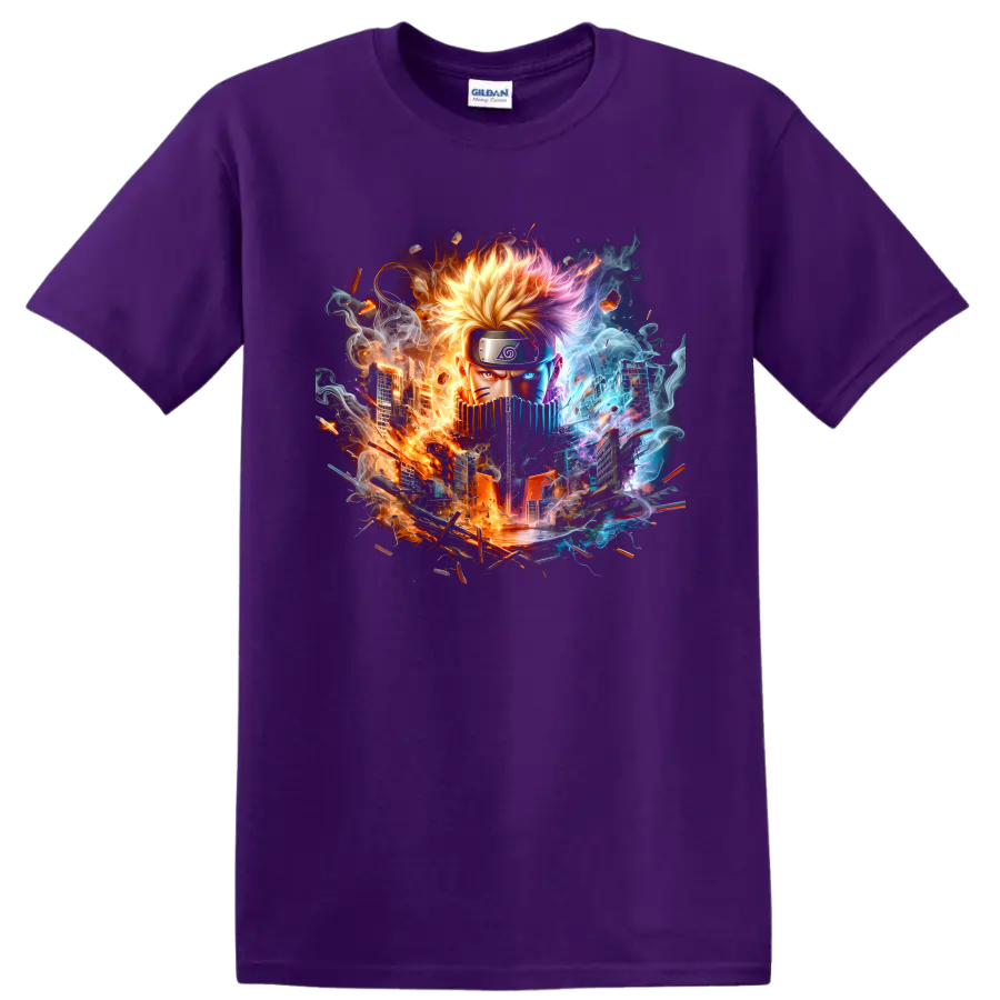 Naruto Uzumaki anime portrait with fiery and icy energy cityscape graphic on a Purple T Shirt
