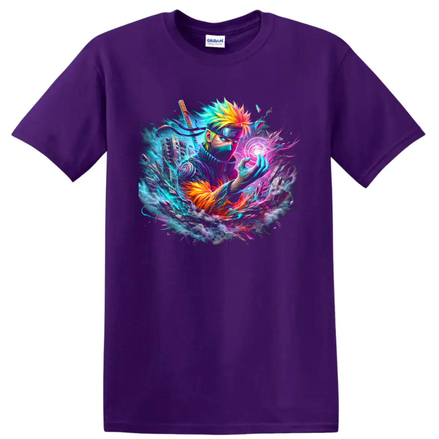Kakashi Hatake neon anime ninja with glowing energy orb and futuristic city artwork on a Purple T Shirt