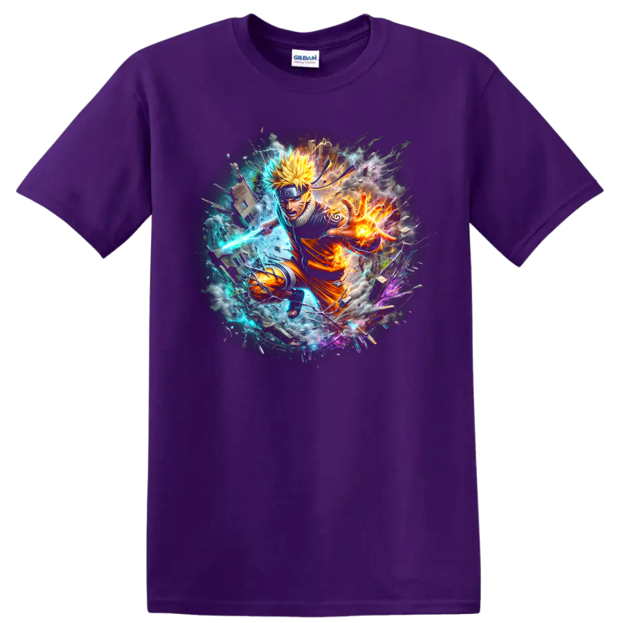 Naruto Uzumaki anime action graphic with fiery energy, blue lightning, and debris on a Purple T Shirt