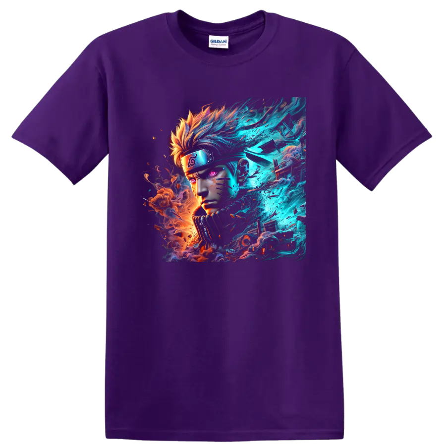 Naruto Uzumaki neon anime portrait with blue energy and orange fire effects on a Purple T Shirt