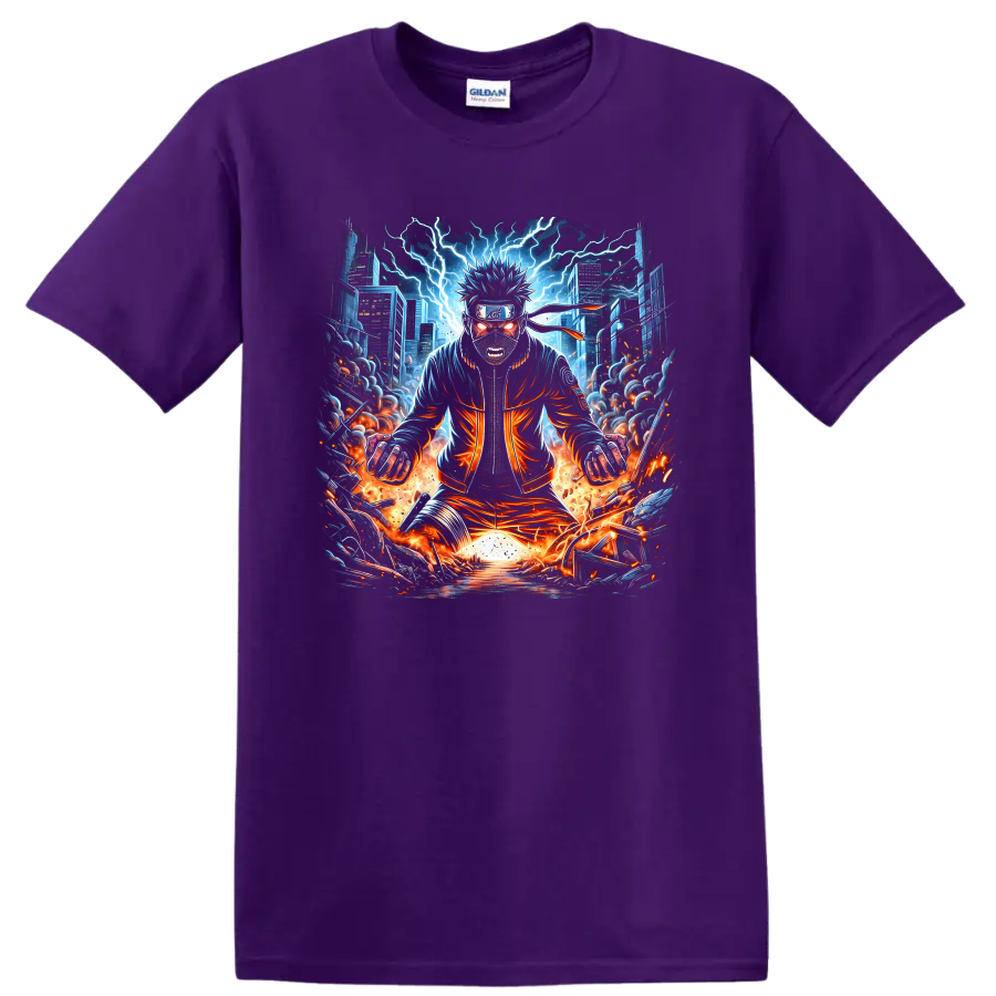 Naruto Uzumaki in cyberpunk anime style with lightning, flames, and a futuristic city on a Purple T Shirt