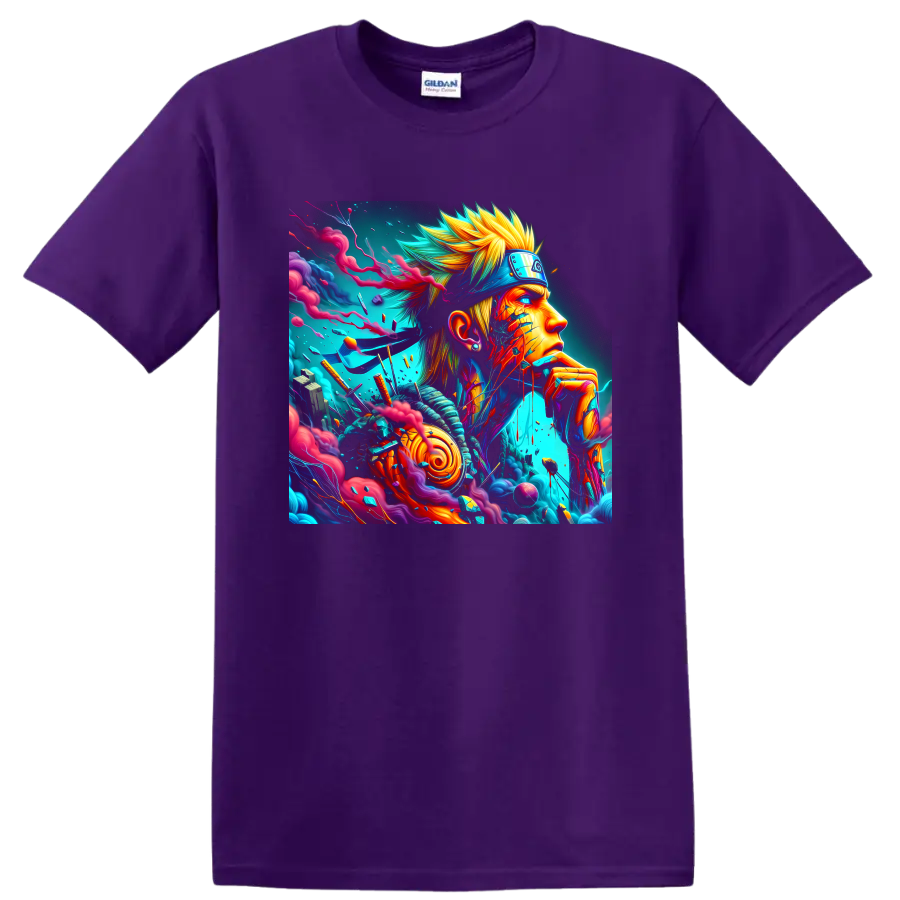 Naruto Uzumaki neon anime ninja portrait with swirling smoke and colorful energy art on a Purple T Shirt