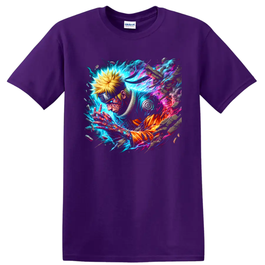 Naruto Uzumaki cyber ninja artwork with electric neon energy and shattered stone on a Purple T Shirt