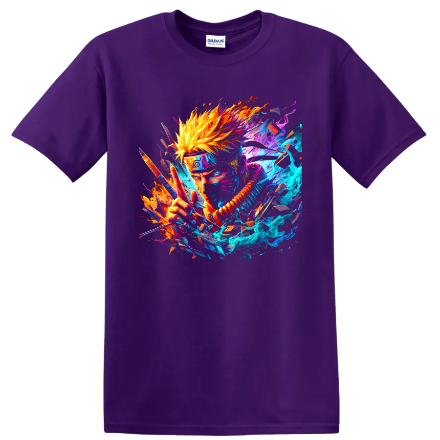 Naruto Uzumaki neon anime action graphic with blue energy and orange flames on a Purple T Shirt