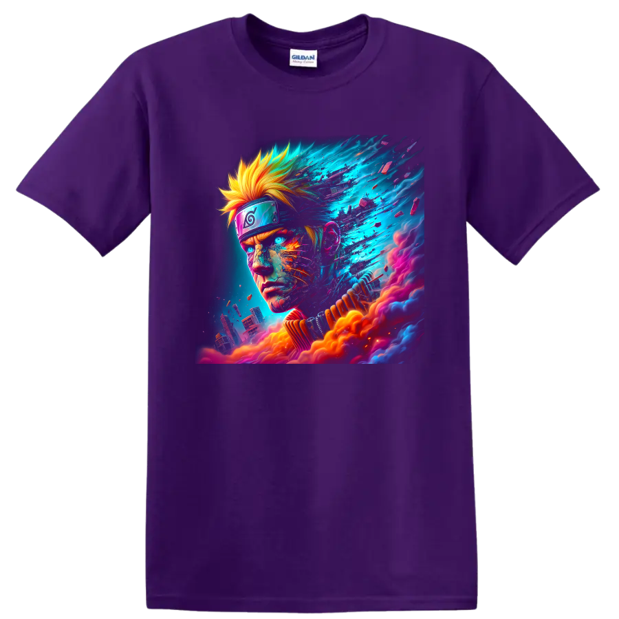 Naruto Uzumaki neon cyberpunk portrait with energy fragments and futuristic city on a Purple T Shirt