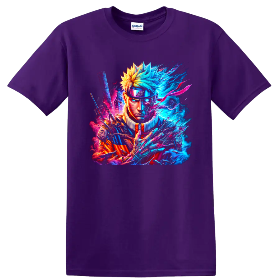 Naruto Uzumaki neon cyber ninja portrait with sword, spiral emblems, and energy effects on a Purple T Shirt