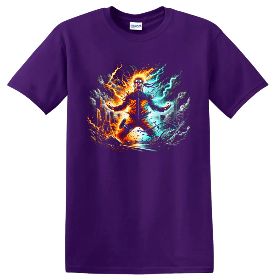 Naruto Uzumaki anime ninja with fiery orange energy and aqua lightning on a Purple T Shirt