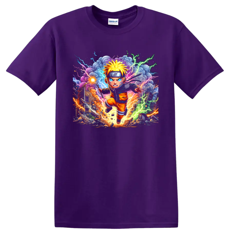 Naruto Uzumaki running in a vivid lightning battle anime graphic print on a Purple T Shirt