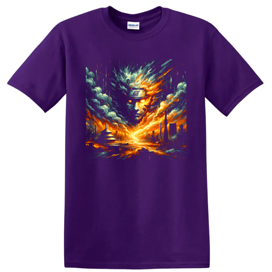 Naruto Uzumaki fiery storm portrait with a glowing cityscape in dramatic anime art on a Purple T Shirt