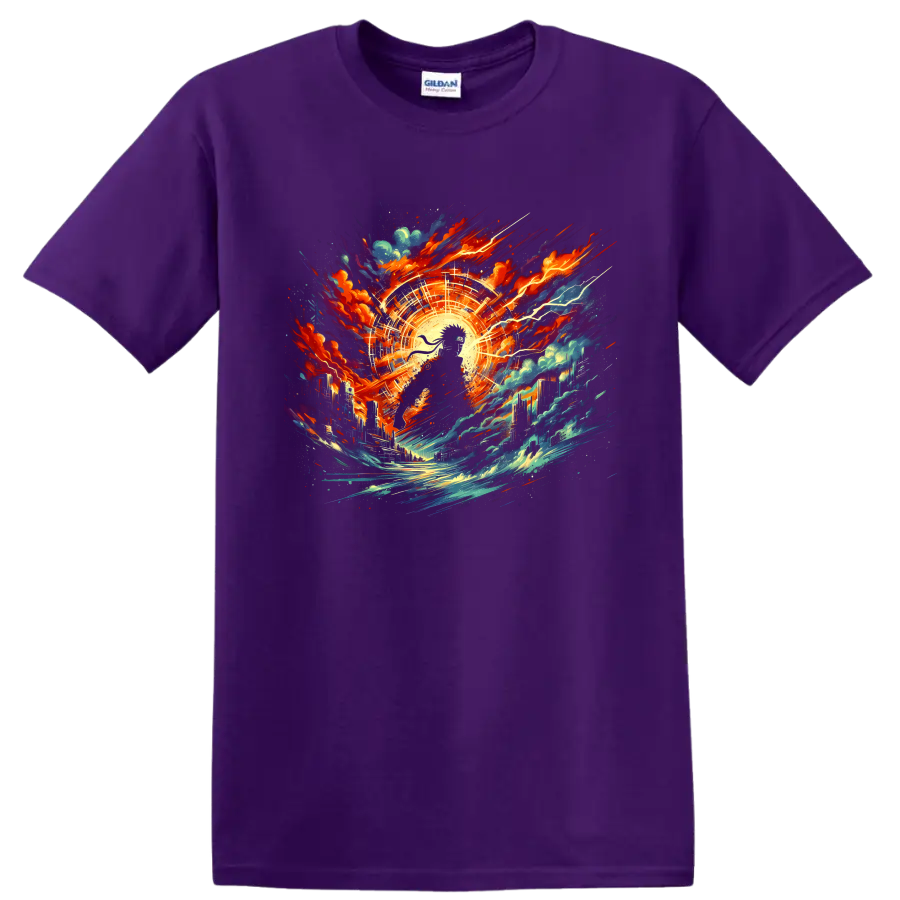 Naruto Uzumaki-inspired ninja with cosmic city, energy burst, waves, and lightning on a Purple T Shirt