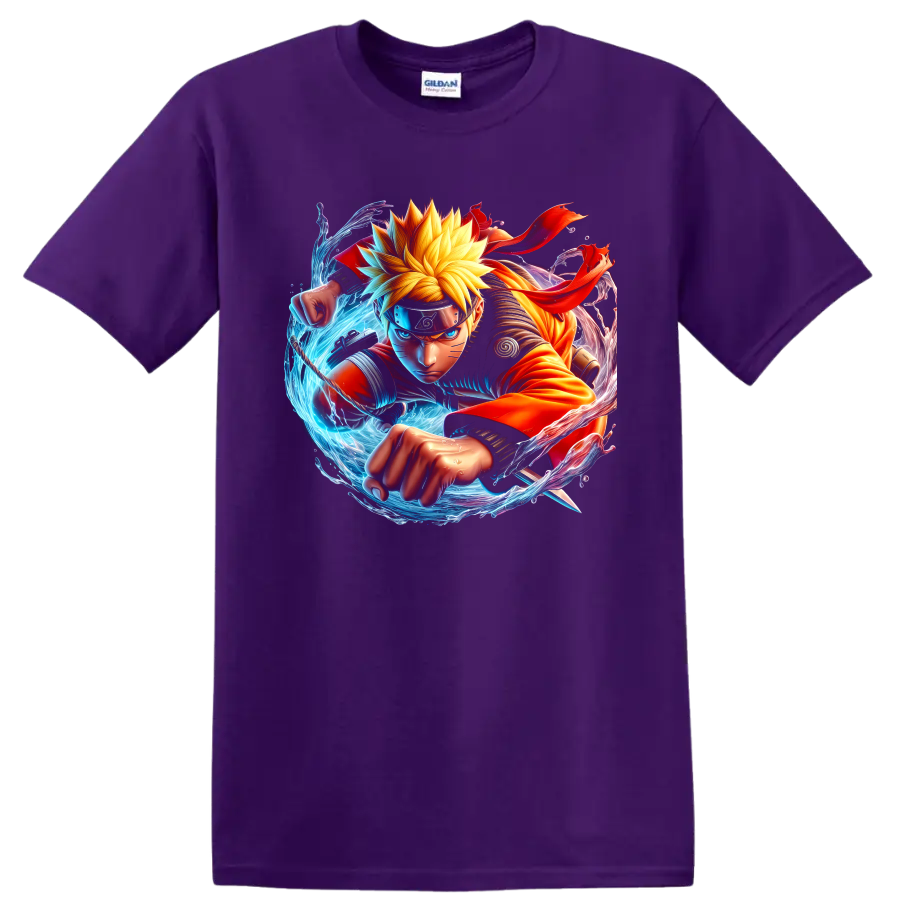 Naruto Uzumaki anime ninja action graphic with blue energy and fiery orange motion on a Purple T Shirt