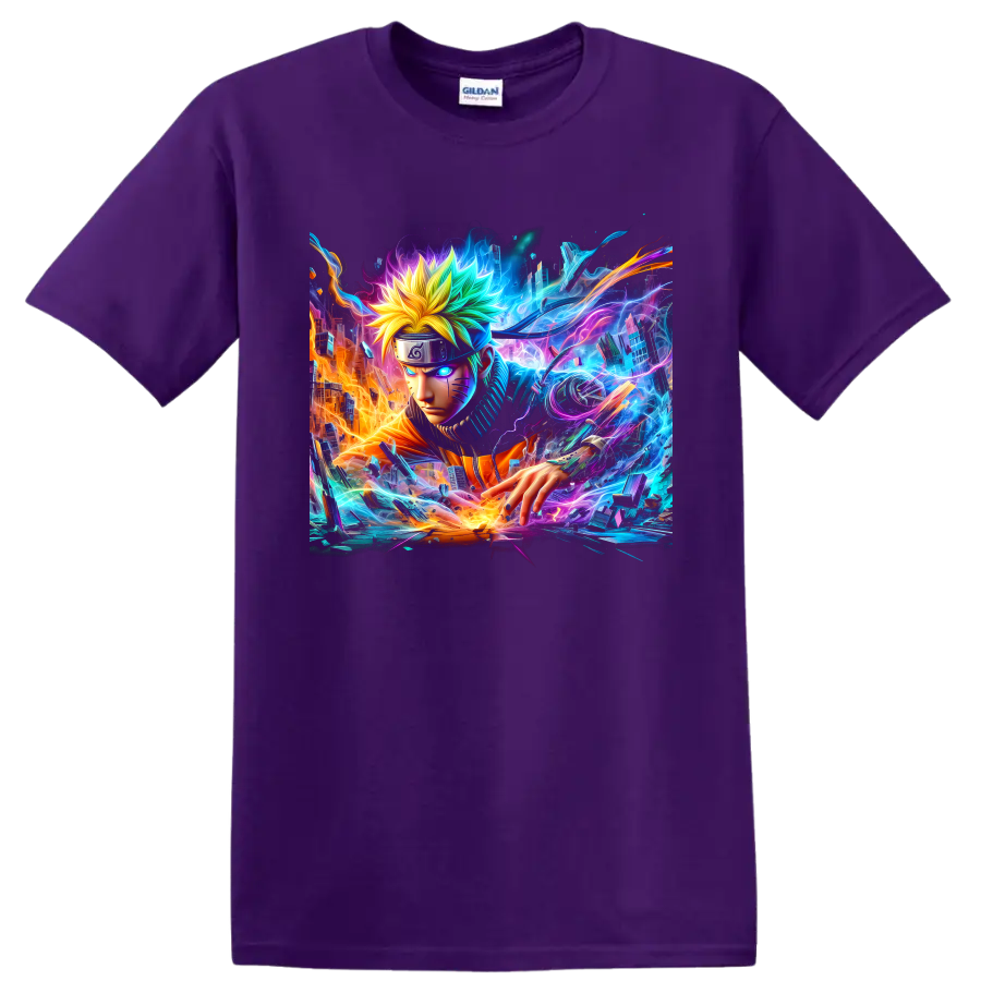 Naruto Uzumaki neon cyberpunk ninja graphic with glowing energy and futuristic city on a Purple T Shirt