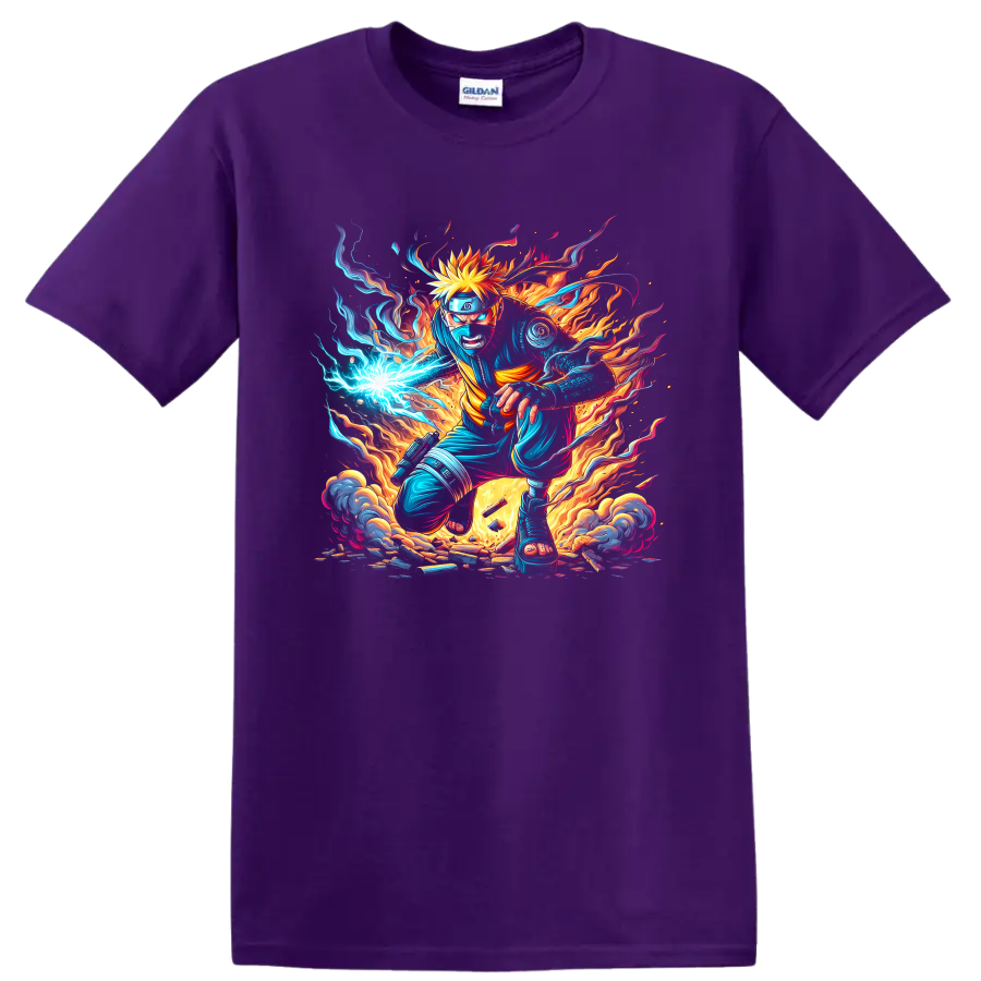 Naruto Uzumaki ninja action graphic with blue energy, flames, and smoke on a Purple T Shirt