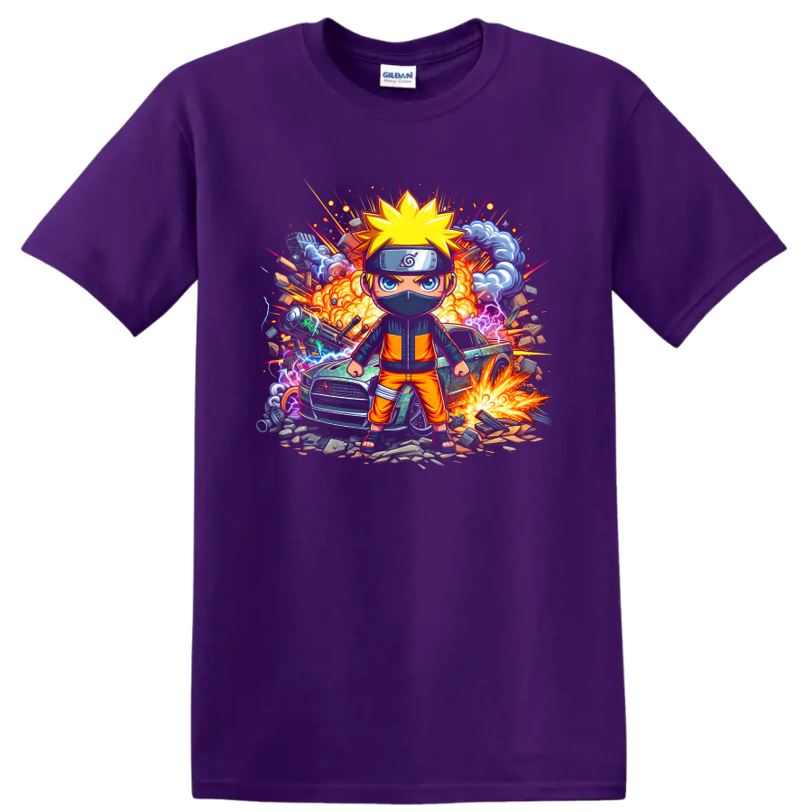 Chibi Naruto Uzumaki ninja with explosions, lightning, smoke, and sports car action on a Purple T Shirt