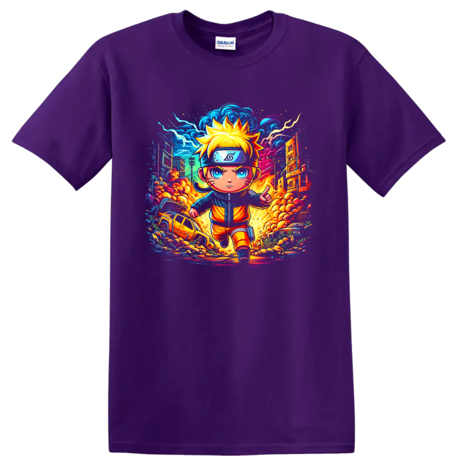 Naruto Uzumaki chibi ninja running through a neon lightning city action scene on a Purple T Shirt