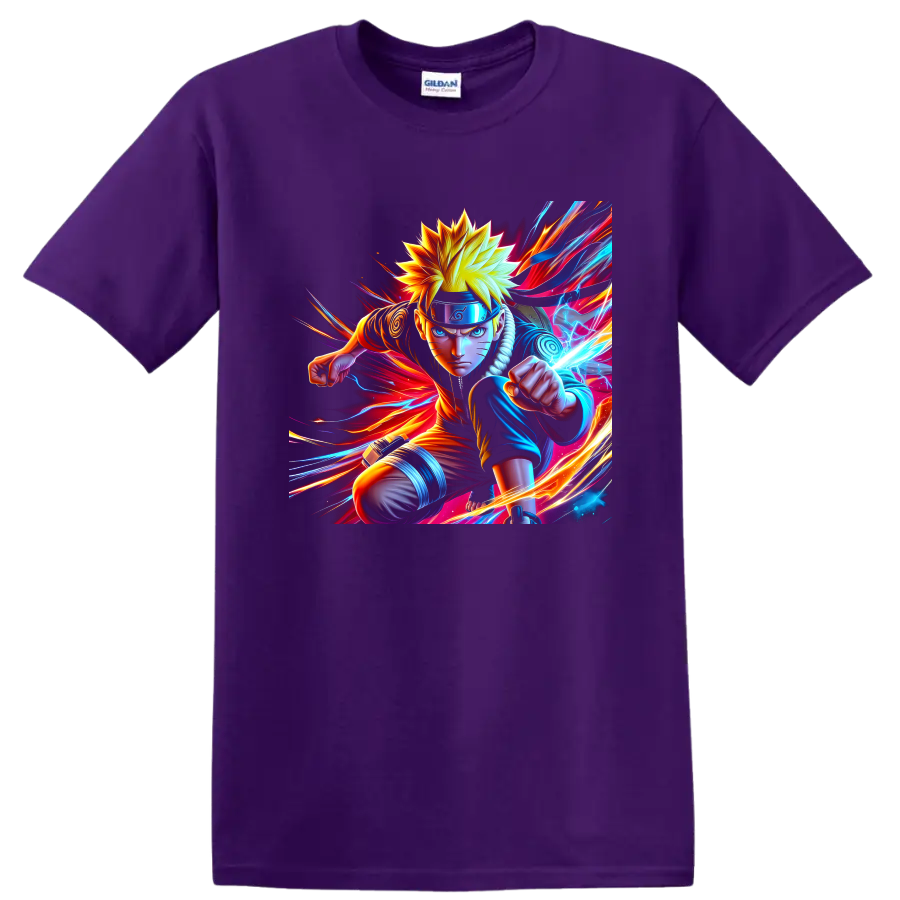 Naruto Uzumaki charging with Rasengan in vivid neon anime action art on a Purple T Shirt
