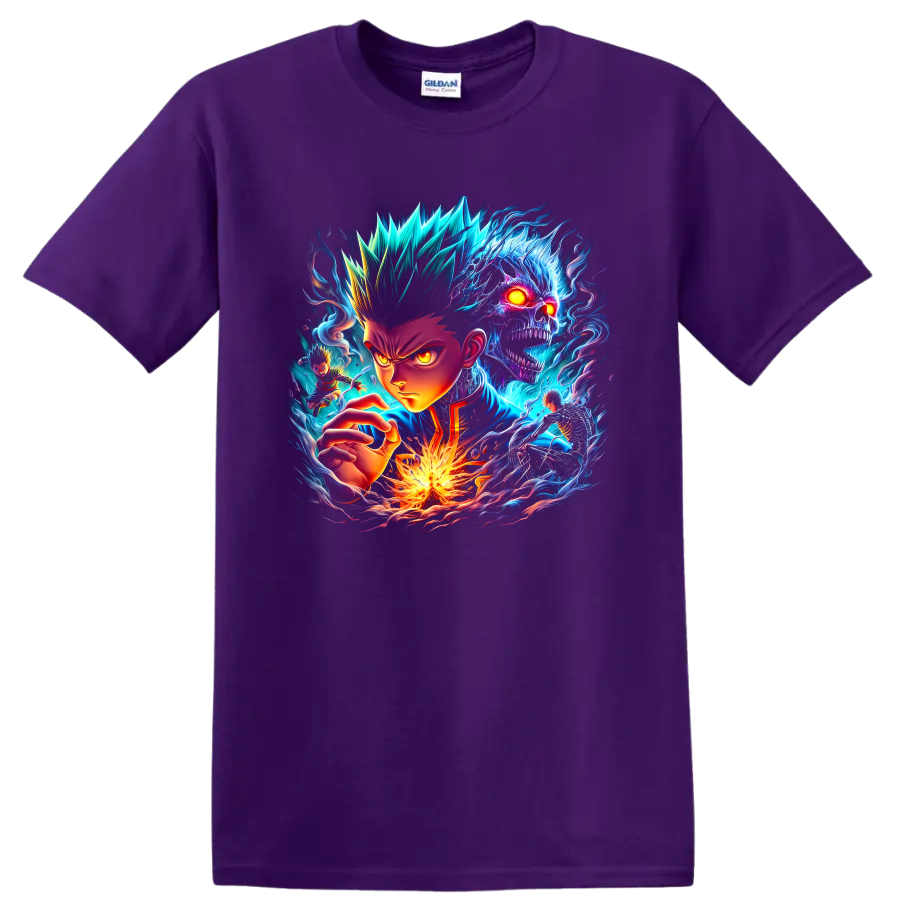 Gon Freecss neon fantasy graphic with spectral skull, fire, and swirling energy on a Purple T Shirt