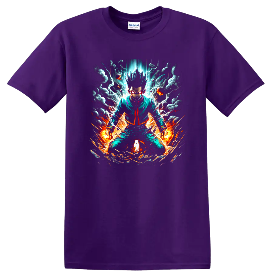 Hajime Kashimo anime warrior graphic with lightning, flames, and storm clouds on a Purple T Shirt