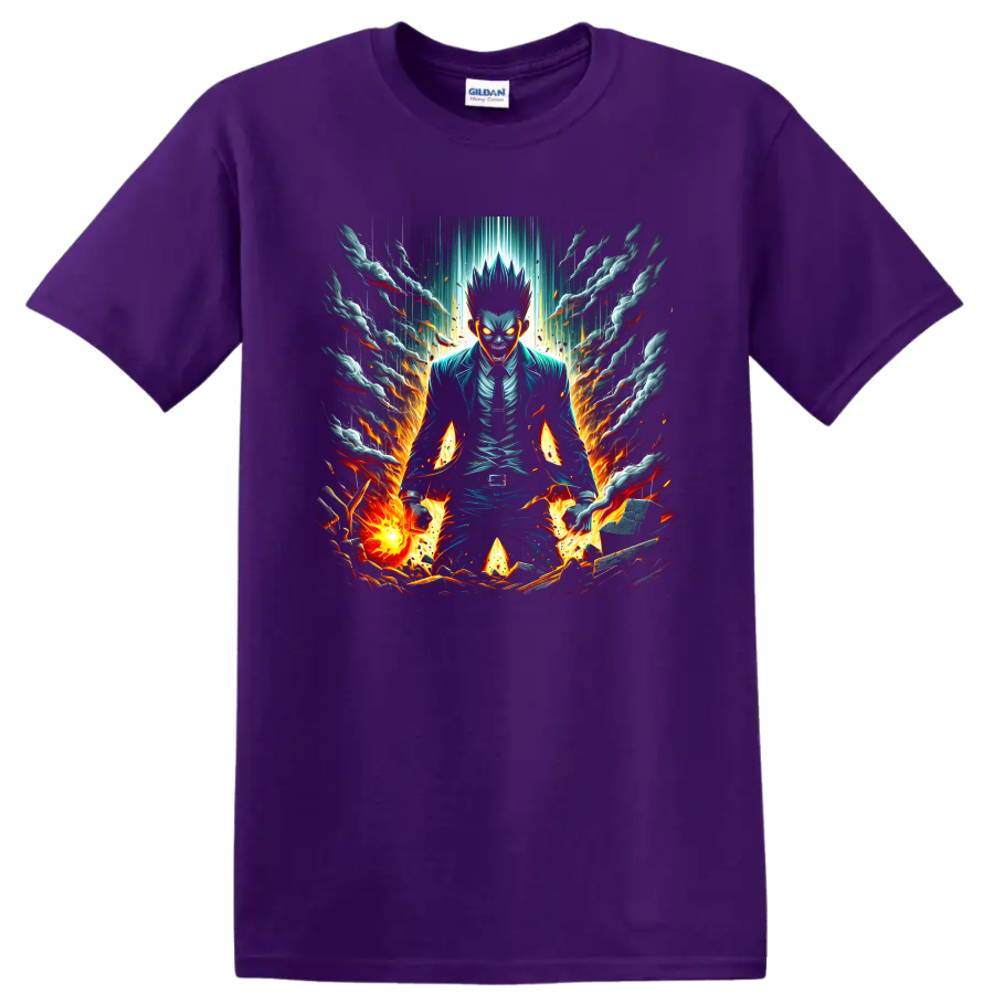 Souichi Kiruma Usogui manga-style graphic with flames, smoke, sparks, and glowing eyes on a Purple T Shirt