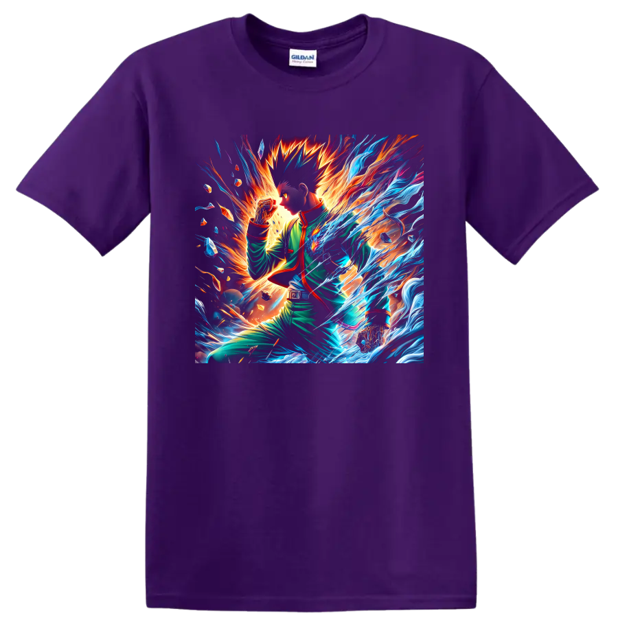 Gon Freecss and Killua Zoldyck anime battle art with blue energy and fiery light on a Purple T Shirt
