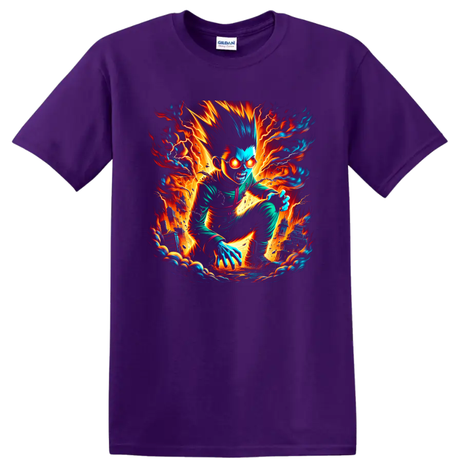 Gon Freecss in a fiery electric anime action graphic on a Purple T Shirt