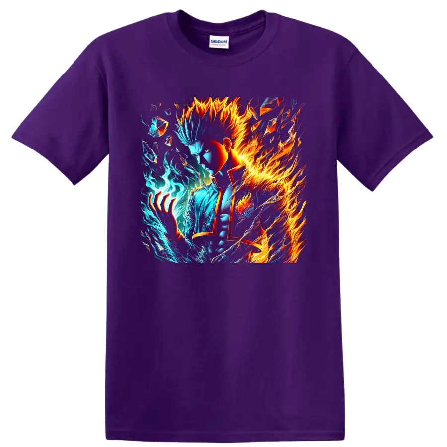 Shoto Todoroki fire and ice anime-style graphic with crystalline shards on a Purple T Shirt