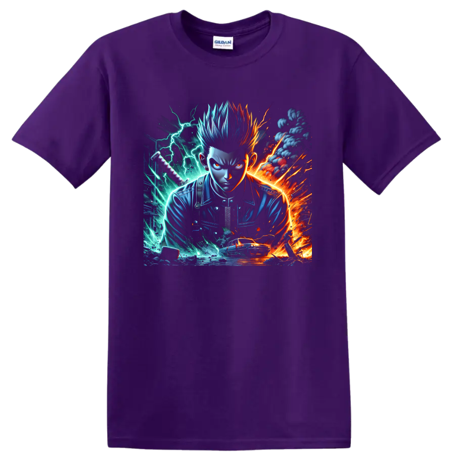 Gaku anime fighter graphic with blue and red hair, lightning, fire, sword hilt, and car on a Purple T Shirt