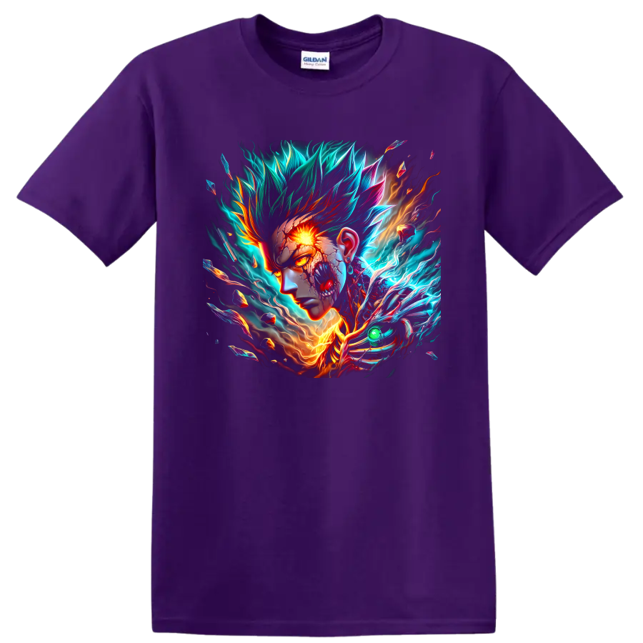Cosmic Garou neon energy portrait with blazing eye, lightning, flames, and shards on a Purple T Shirt