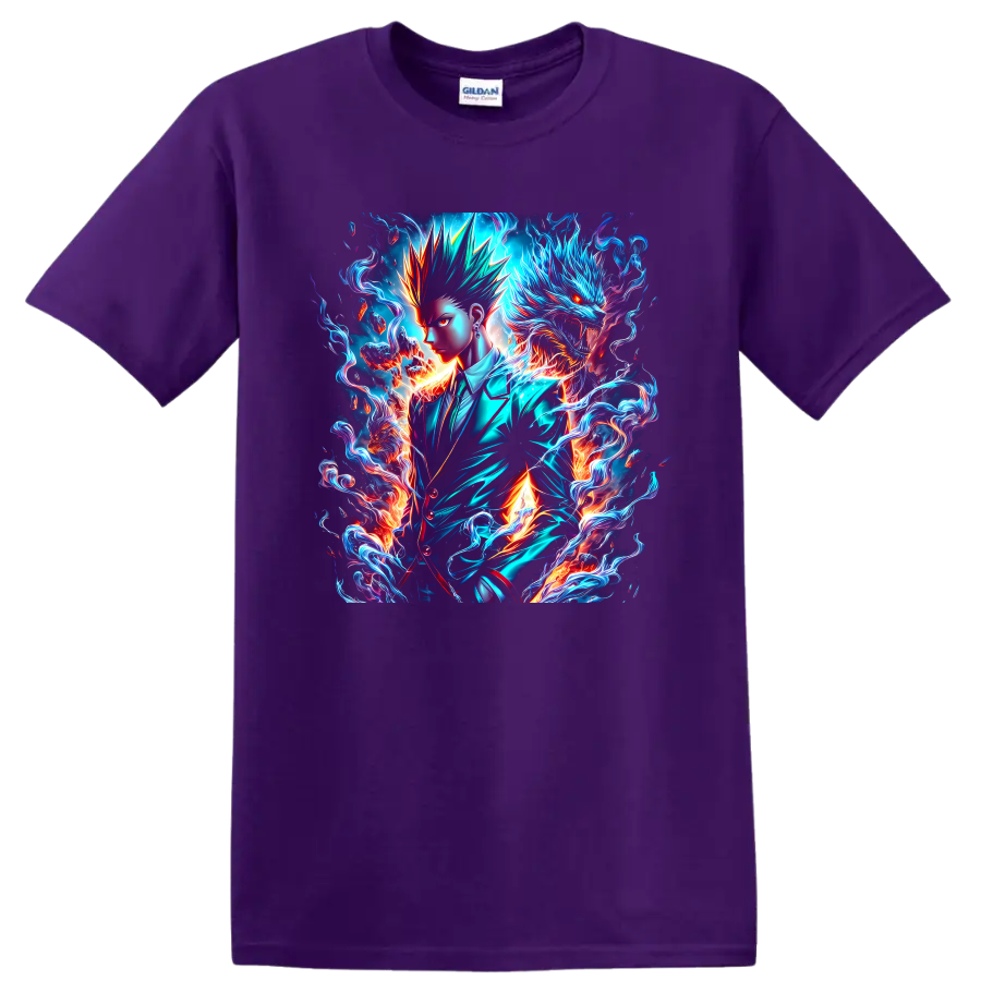 Kaji Takaomi neon fantasy art with a blue dragon, flames, and swirling energy on a Purple T Shirt