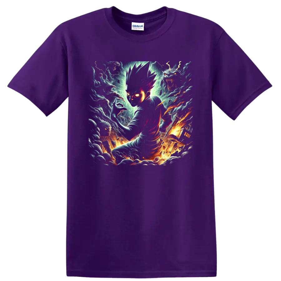 Glowing-eyed anime fighter with shadow beasts, lightning, and fiery fantasy art on a Purple T Shirt