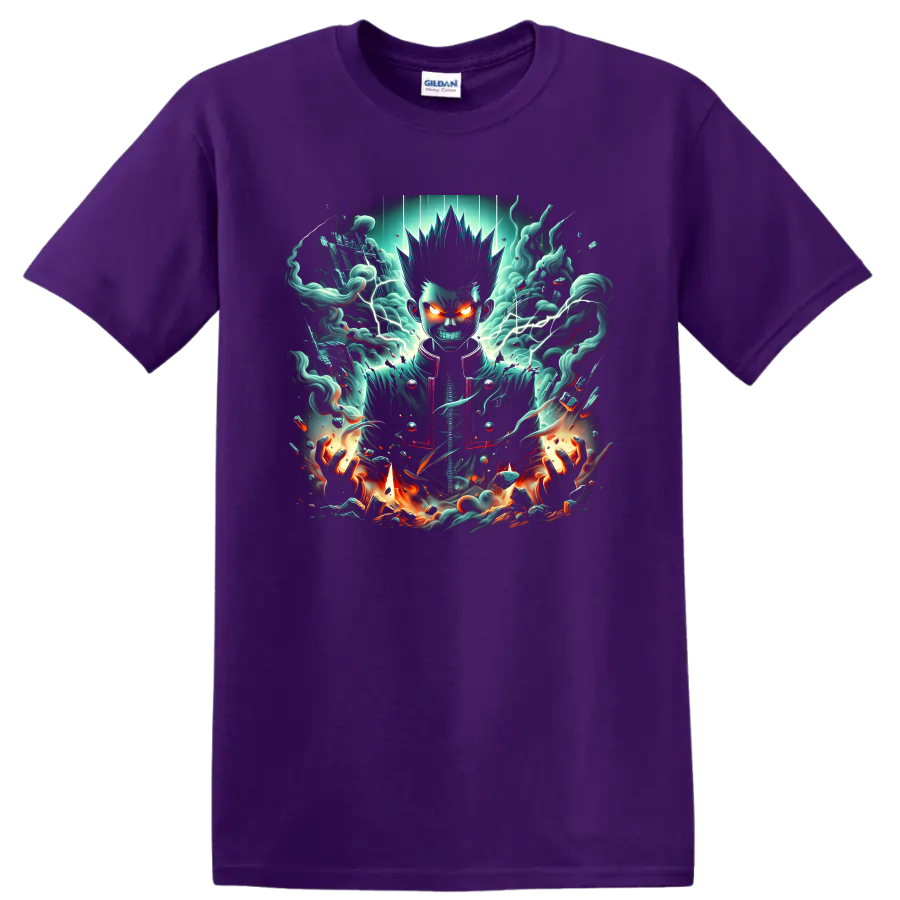 Shigeo Kageyama dark psychic anime art with lightning, teal vapor, and flames on a Purple T Shirt