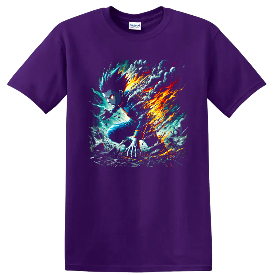 Killua Zoldyck action artwork with blue lightning, smoke, and blazing energy on a Purple T Shirt