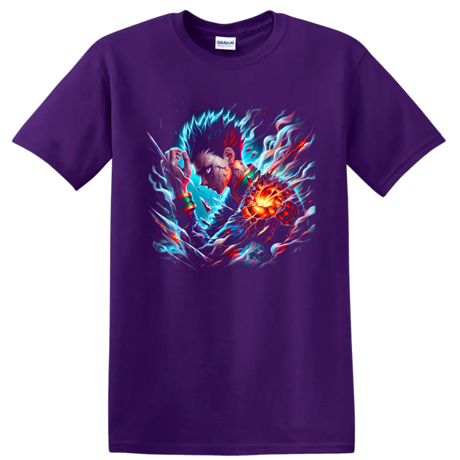 Lord Boros-inspired anime warrior with glowing energy core and cosmic battle effects on a Purple T Shirt