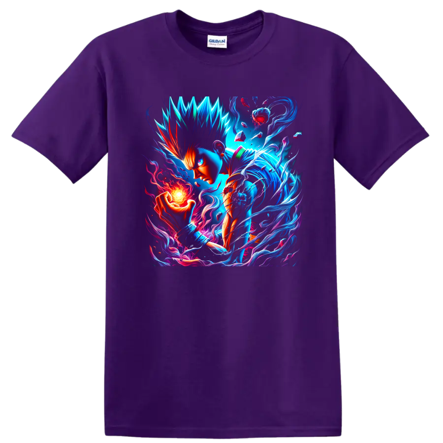 Garou warrior with neon blue energy, flame orb, and shards in vivid anime art on a Purple T Shirt