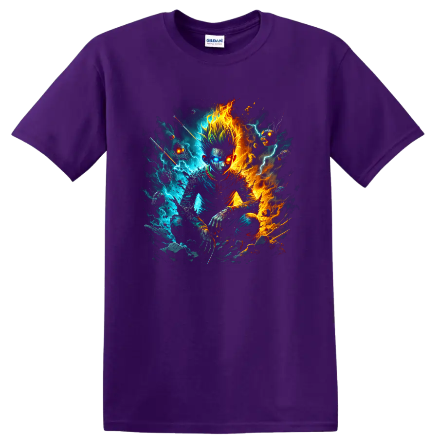 Hunter × Hunter elemental warrior graphic with blue lightning and orange flames on a Purple T Shirt