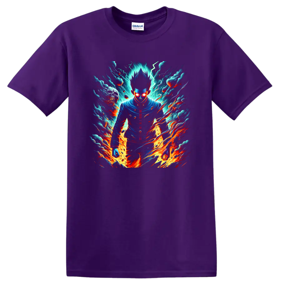 Shigeo Kageyama psychic energy anime graphic with lightning, clouds, and flames on a Purple T Shirt