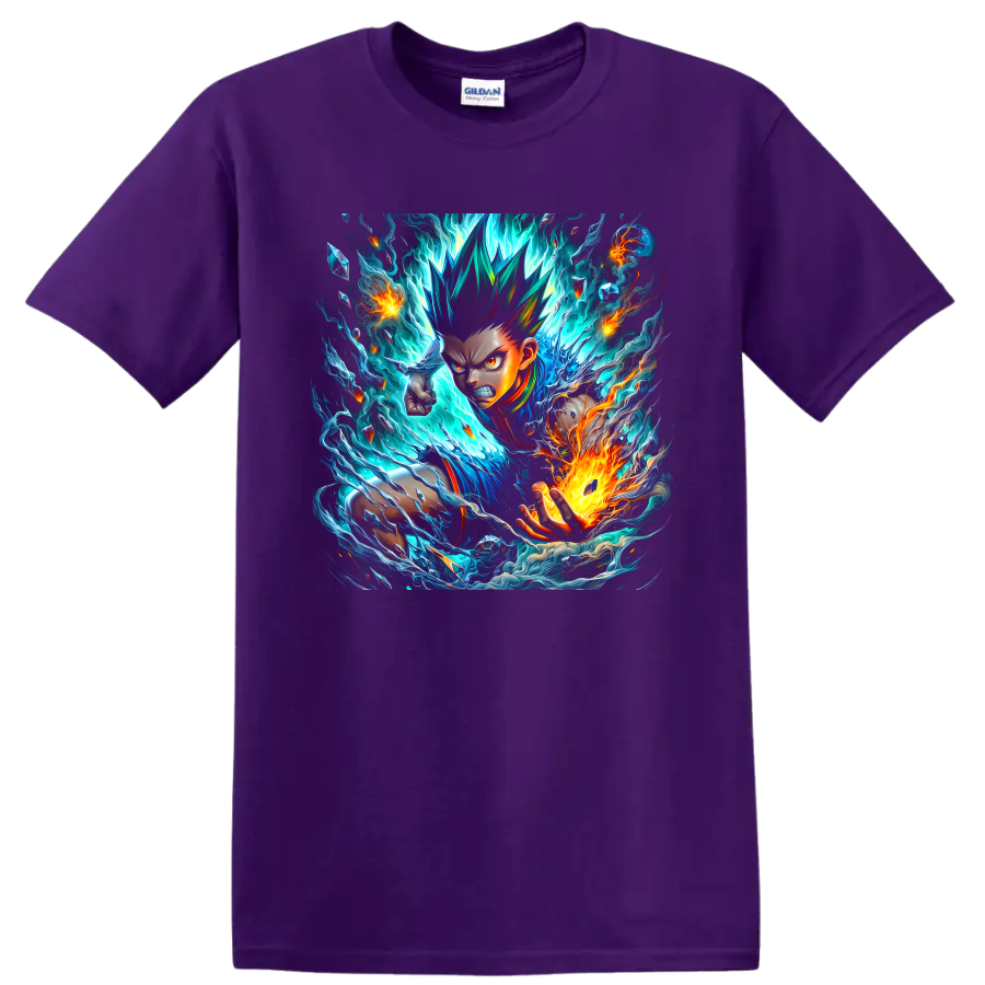 Adult Gon Freecss anime art with blue energy waves and orange fire on a Purple T Shirt