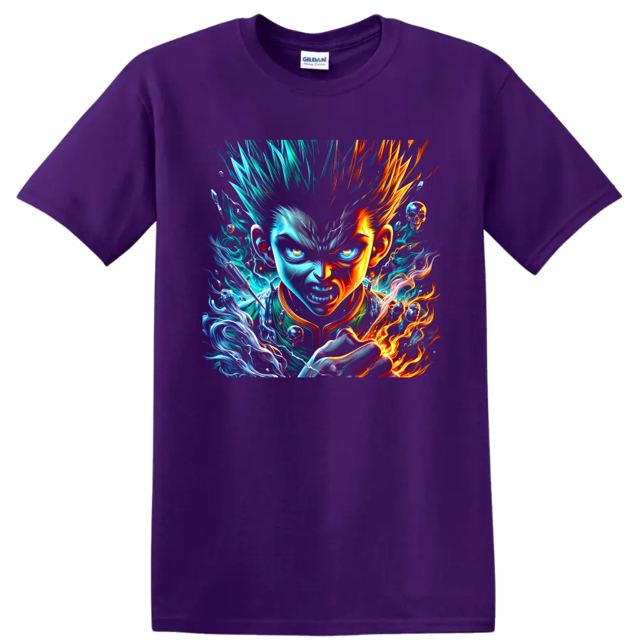 Fierce anime warrior portrait with blue lightning, orange fire, smoke, and skull accents on a Purple T Shirt