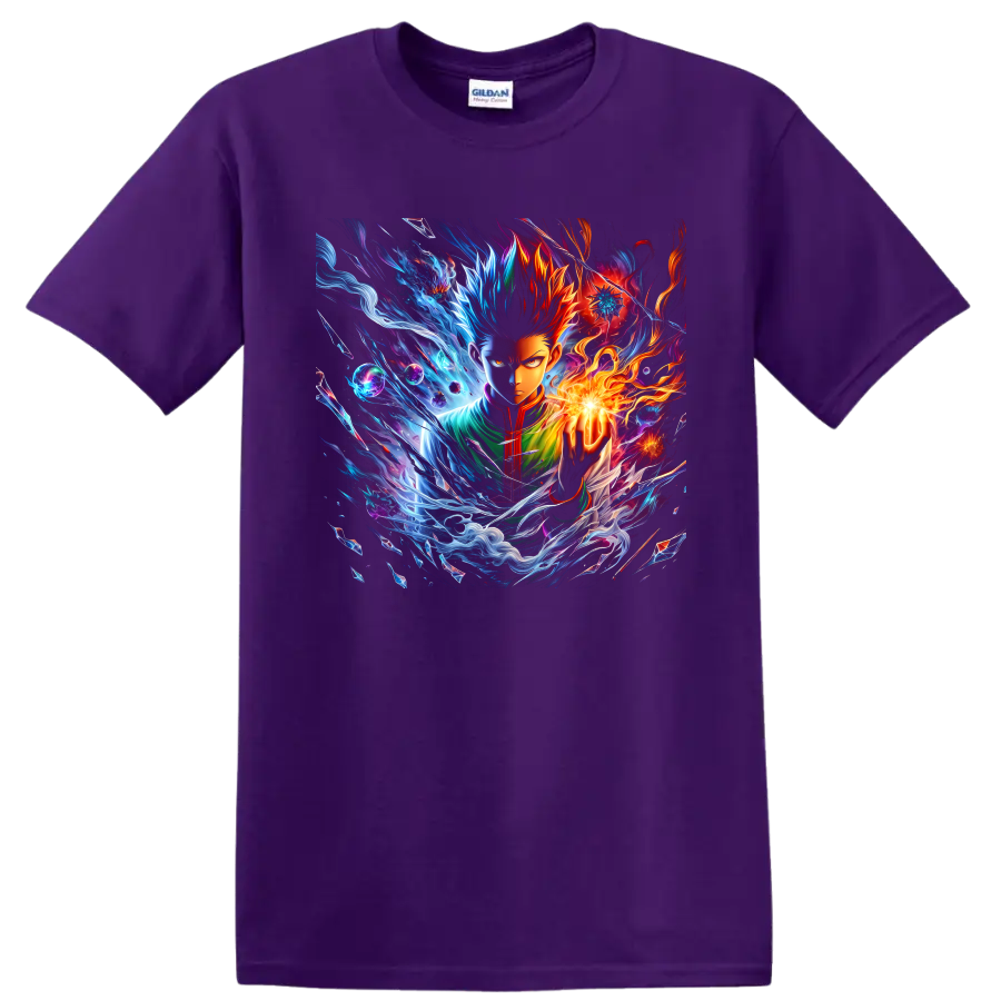 Gon Freecss and Killua Zoldyck elemental anime energy graphic with flames and blue waves on a Purple T Shirt