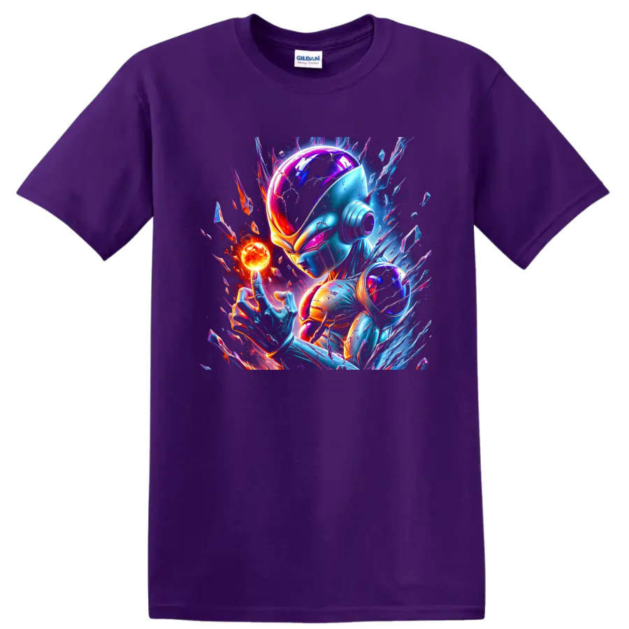 Frieza Dragon Ball cyberpunk art with glowing energy orb and cosmic crystal shards on a Purple T Shirt